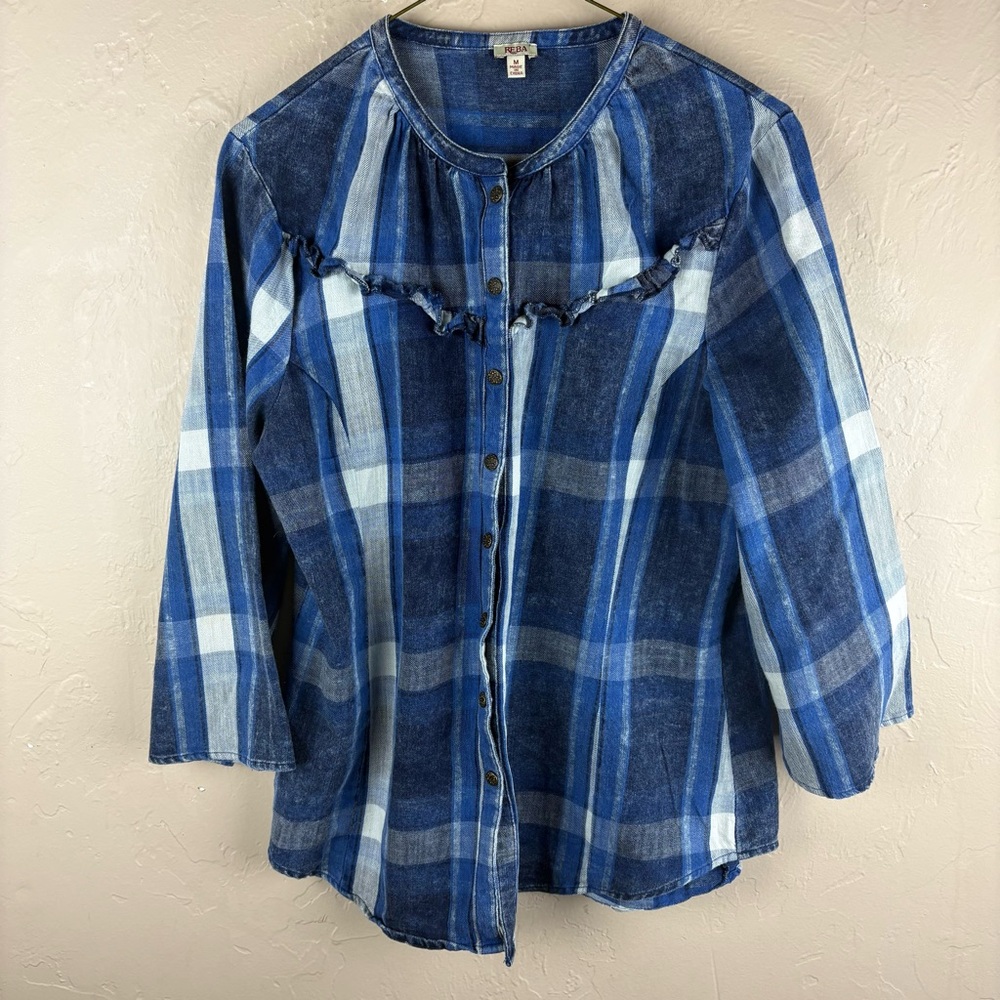 Reba Blue Plaid Cotton Shirt Blouse Collarless Ruffles Snap Closure Women Medium
